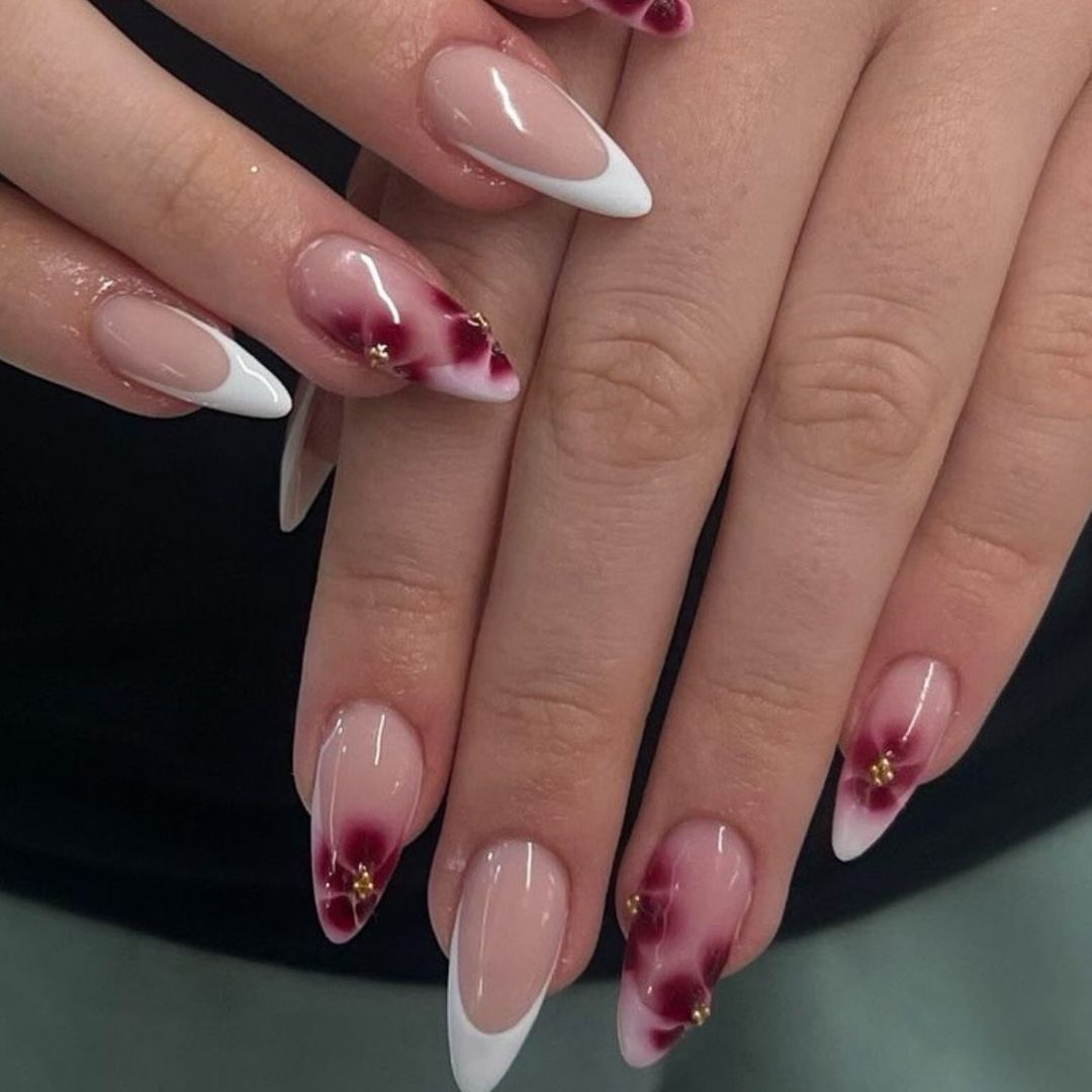 Blooming Elegance Nude Pink French Tip Floral Press On Nails